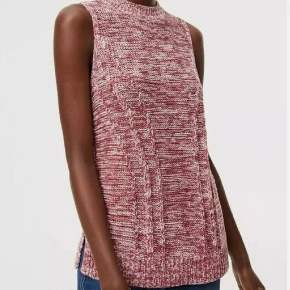 LOFT | Sleeveless Sweater Maroon White Mock Neck Marled Top Size Medium